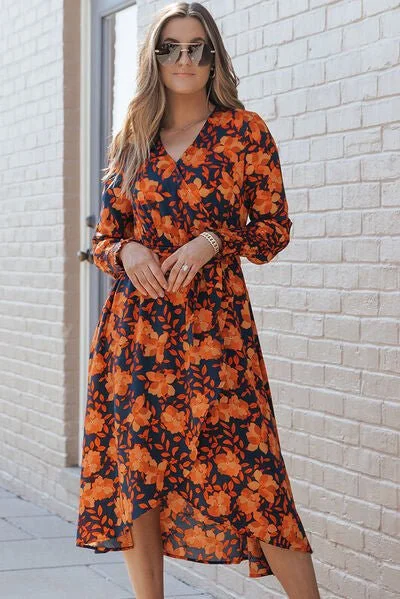 Women's Loungewear Clothes Score Big on Glamorous Red - Carpet Styles Printed Tie Front Smocked Long Sleeve Dress