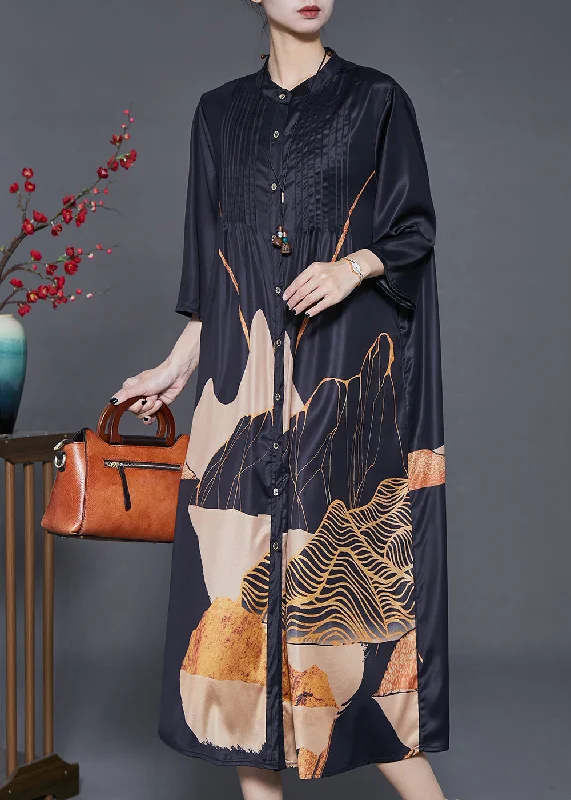 Women's Trendy Attire Spring Fling Sale Elegant Black Print Wrinkled Silk Shirt Dress Summer