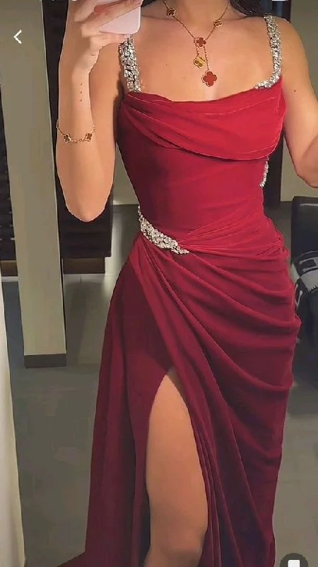 Women's Sports Apparel Now on Sale for Chic Urban Styles Elegant Sheath Straps Burgundy Satin Silver Beads Slit Long Prom Dresses Formal Dress C2737