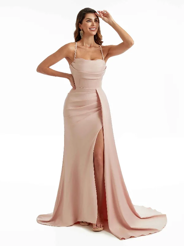 Women's Contemporary Clothing Spring Fling Sale Sexy Side Split Spaghetti Straps Mermaid Long Satin Formal Pleated Bridesmaid Dresses