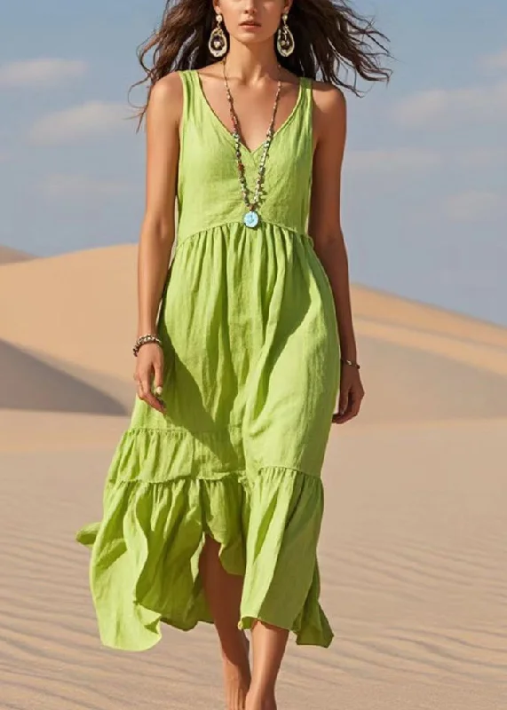 Women's Functional Outfit For Outdoor Activities Last Chance Sale Boho Fruit Green V Neck Cotton Summer Dress Sleeveless