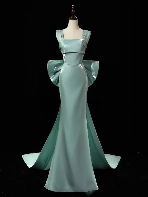 Women's Vacation Clothes Graceful Drape Simple Satin Green Long Prom Dress Green Formal Dress with Bow Tie C1907