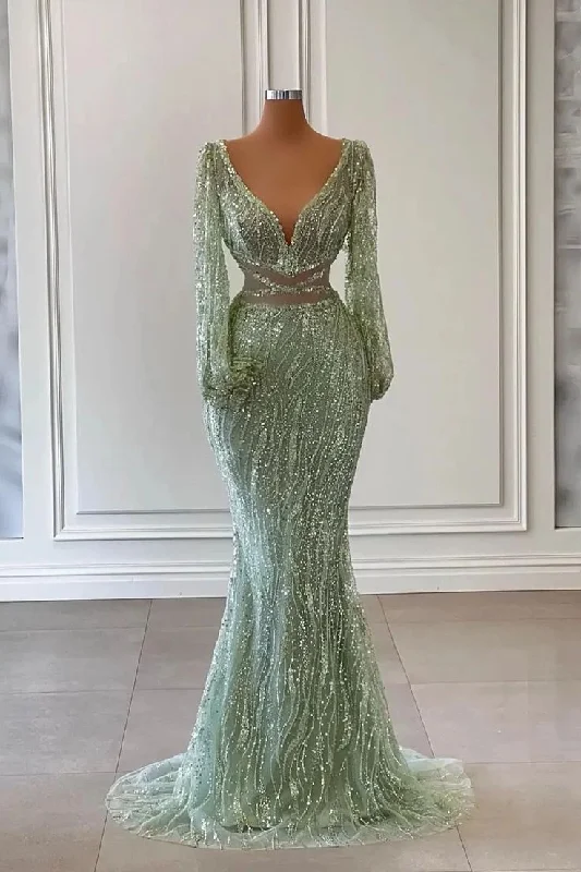 Women's Outfit For The Office Beat the Heat in Tropical Styles Light Green Long Sleeves V-Neck Mermaid Evening Dress With Sequins Beads Y6659