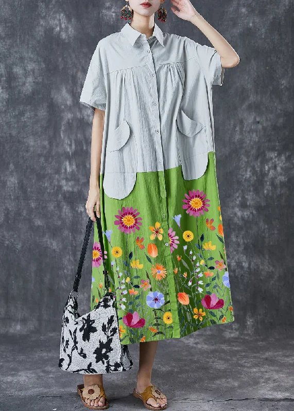 Women's Attire Limited - Edition Drops Art Green Oversized Patchwork Pockets Cotton Shirt Dresses Summer