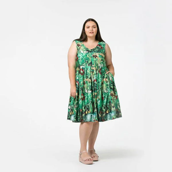 Women's Luxury Garments Dreamy Aesthetic Audrey II Vee Sleeveless plus size dress with pockets in a carnivorous plants print available up to size 36