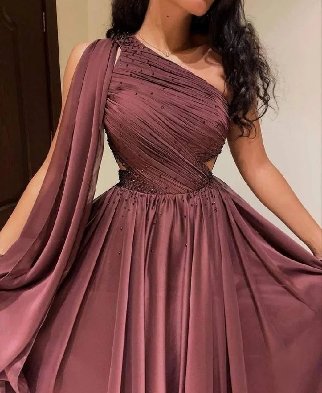 Modern Women's Apparel Hollywood Glam Award - Show Style Classy A Line One Shoulder Brown Satin Long Party Dress Prom Dresses Evening Dress C3330