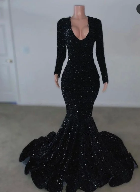 Fashionable Women's Outfit Luxury Comfort Black Sequins Long Sleeves Mermaid Evening Dress,Black Reception Dress Y5987