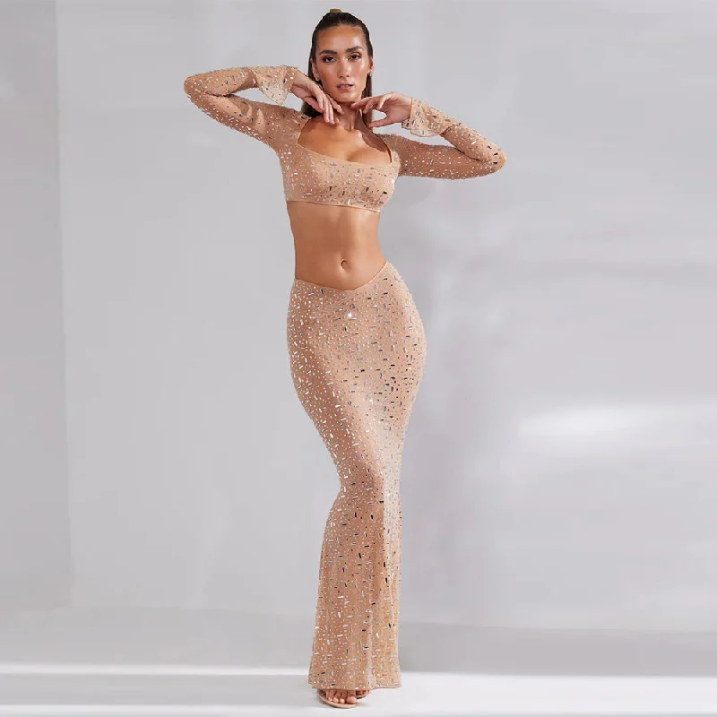 Women's Luxury Attire Clearance Event Square Collar Long Sleeve Rhinestone Maxi Bodycon Set HL9544