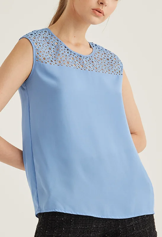 Women's Weekend Outfit Feminine Elegance Eyelet Peek-A-Boo Shoulder Detail Sleeveless Blouse