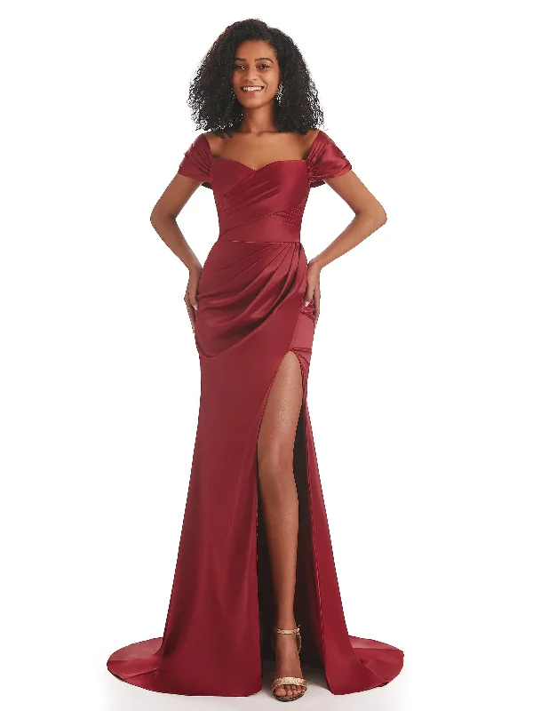 Women's Clothes For Work Father's Day Deals Elegant Off The Shoulder Mermaid Side Slit Soft Satin Long African Bridesmaid Dresses