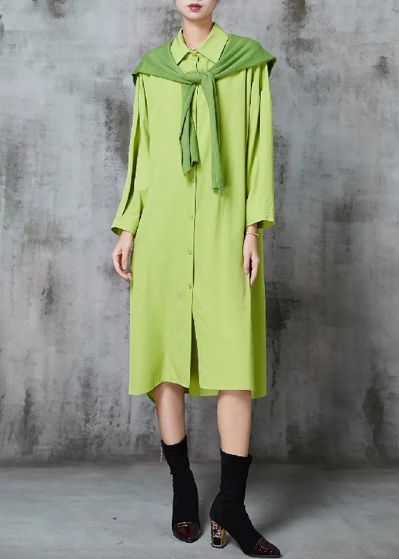 Comfortable Women's Clothing Disco - Inspired Retro Dance Look Fruit Green Cotton Shirt Dresses Oversized Give Shawl Fall