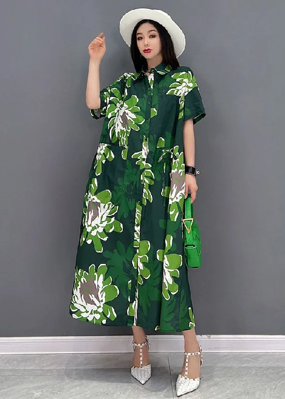 Women's Chic Outerwear Attire Save on Inspired Styles Green Daisy Print Chiffon Shirt Dresses Oversized Pockets Short Sleeve