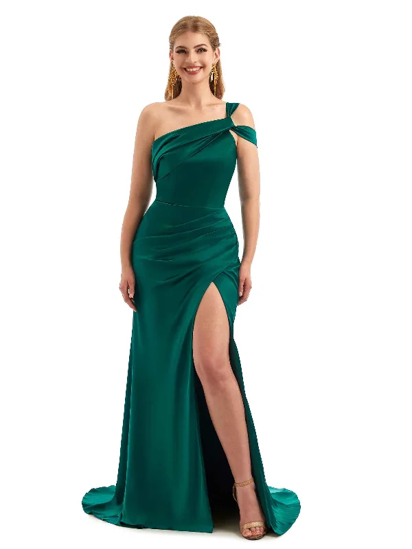 Timeless Women's Garments Sophisticated Cut Sexy Side Slit One Shoulder Mermaid Stretch Satin Unique Long Bridesmaid Dress For Wedding