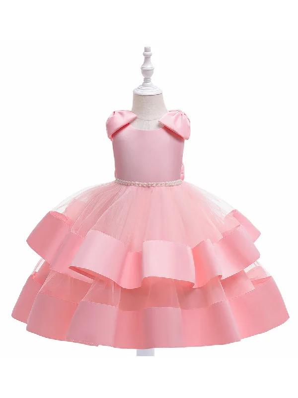 Women's Date Night Outfit Feminine Charm Princess Ball Gown Scoop Tiered Flower Girl Dresses with Pearls