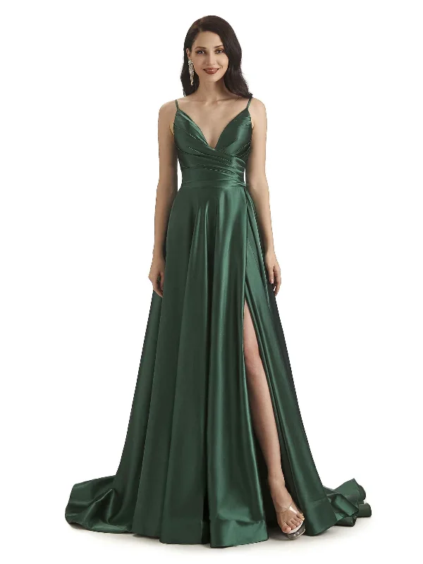 Sustainable Women's Apparel Clearance Event Sexy Soft Satin Side Slit Spaghetti Straps Long Bridesmaid Dresses Online