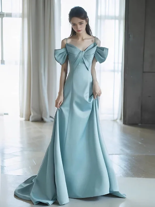 Women's Relaxed Outfit Soft Textures Pretty A Line Spaghetti Straps Light Sky Blue Satin Long Prom Dress Evening Dresses C3251