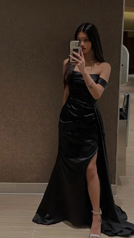 Women's Chic Apparel Weekend Special Pretty Sheath Off The Shoulder Slit Black Satin Prom Dresses Evening Dress C2799