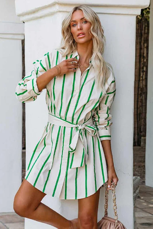 Stylish Women's Clothing Cottagecore Rustic Charm Style Green Striped Print Lace-up Shirt Dress