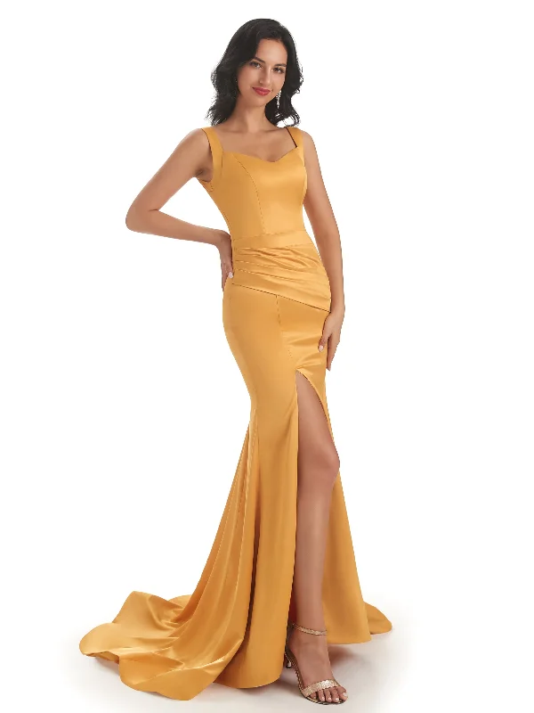 Women's Everyday Clothes Romantic Date - Night Ensemble Sexy Soft Satin Side Slit Squre Straps Long Mermaid Bridesmaid Dresses Online