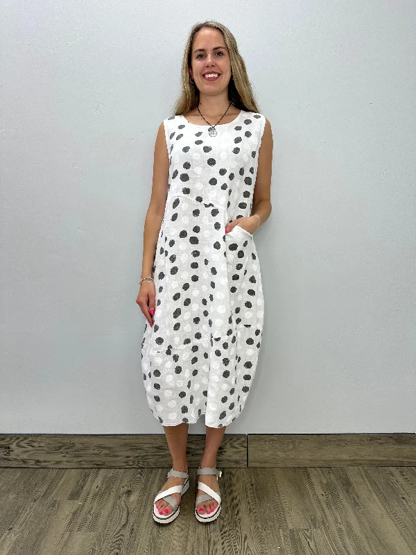 Women's Sporty Chic Clothes Contemporary Elegance White Linen Sleeveless Dots Bubble Dress with Pocket