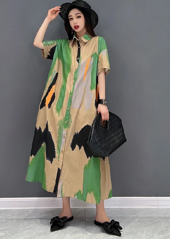 Women's Activewear Garments Elevated Style Black Print Tie Dye Cotton Loose Shirt Dress Button Short Sleeve