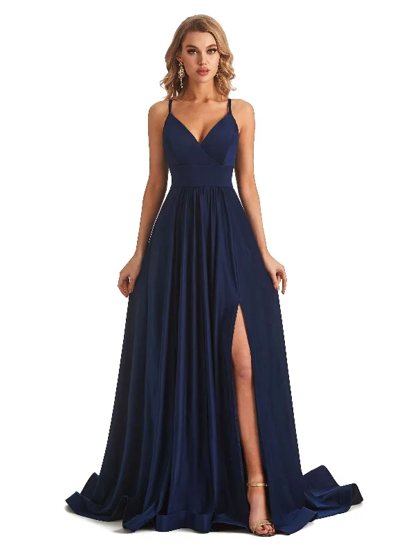 Women's Stylish Outdoor Outfit Tropical Island - Inspired Attire Elegant Spaghetti Straps A-line Side Slit Stretchy Jersey Long Formal Bridesmaid Dresses