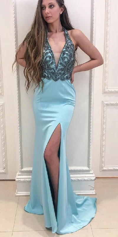 Women's Activewear Garments Score Big on Glamorous Red - Carpet Styles Light Blue Satin Sexy V-Neck Beaded Mermaid Prom Dress with Slit cg4478