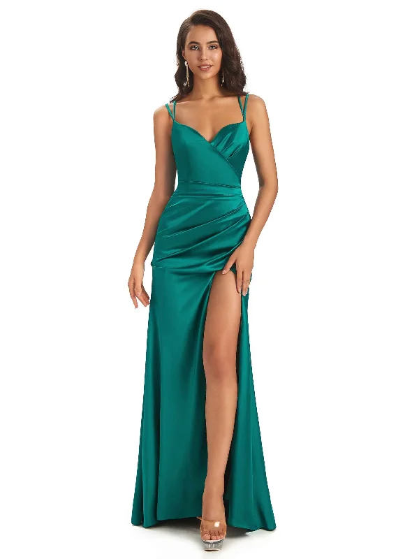 Women's Evening Outfit Luxury Comfort Sexy Soft Satin Side Slit Spaghetti Straps Long Maxi Mermaid Bridesmaid Dresses