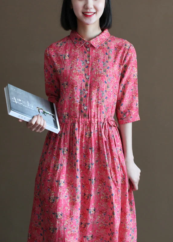 Women's Timeless Attire Father's Day Deals Handmade Red Drawstring Peter Pan Collar Print Linen Shirt Dress Half Sleeve