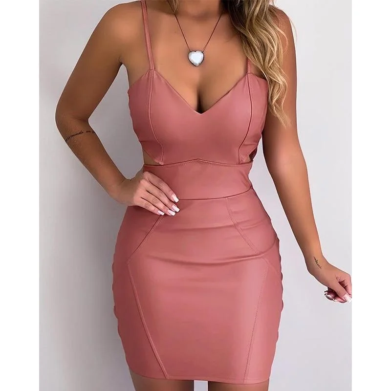 Women's Travel Attire Holiday Sale FashionSierra - Spaghetti strap pu leather dress Women Cutout bodycon party dress Sexy slim fit mini club wear Summer color pink vestidos