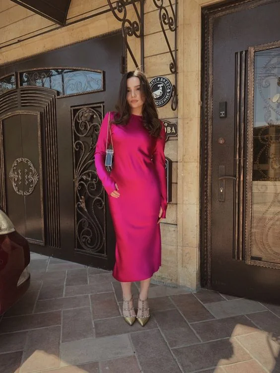 Women's Romantic Outfit Modern Romance Simple Hot Pink Long Sleeve Midi-length Prom Dress Y6900