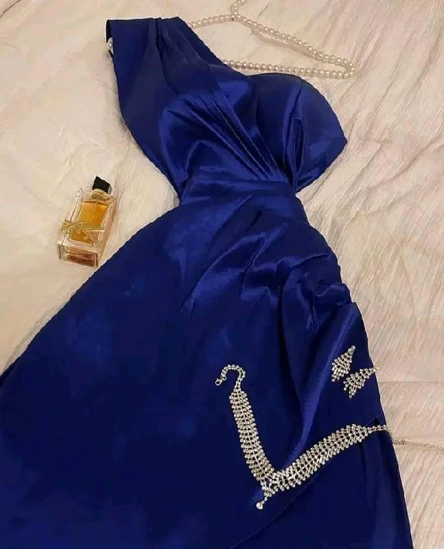 Affordable Women's Clothes Flash Deals Classy A line One Shoulder Royal Blue Long Satin Party Dress Prom Dresses Evening Dress C3279