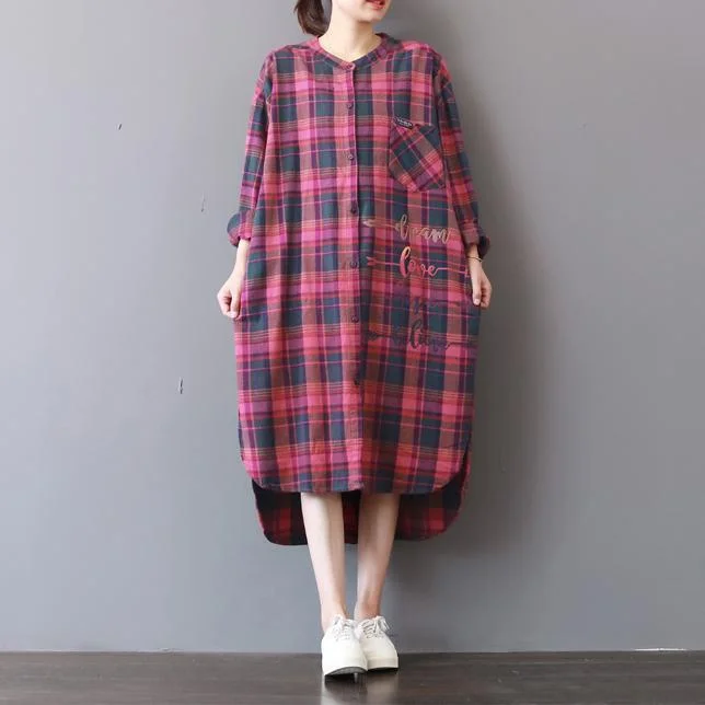 Women's Elegant Evening Outfit Feminine Soft - Hued Look fashion plaid prints cotton caftans Loose fitting cotton clothing shirt dress New low high design kaftans