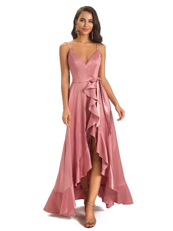 Women's Transitional Outfit Dreamy Draping Elegant Spaghetti Straps Asymetric A-line Soft Satin Wrap V-neck High Low Bridesmaid Dresses