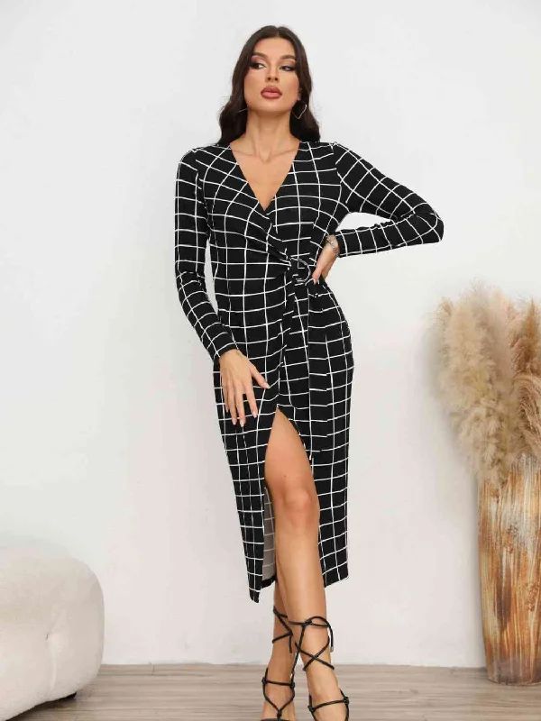 Women's Everyday Clothes Luxury Comfort Plaid Long Sleeve Slit Dress