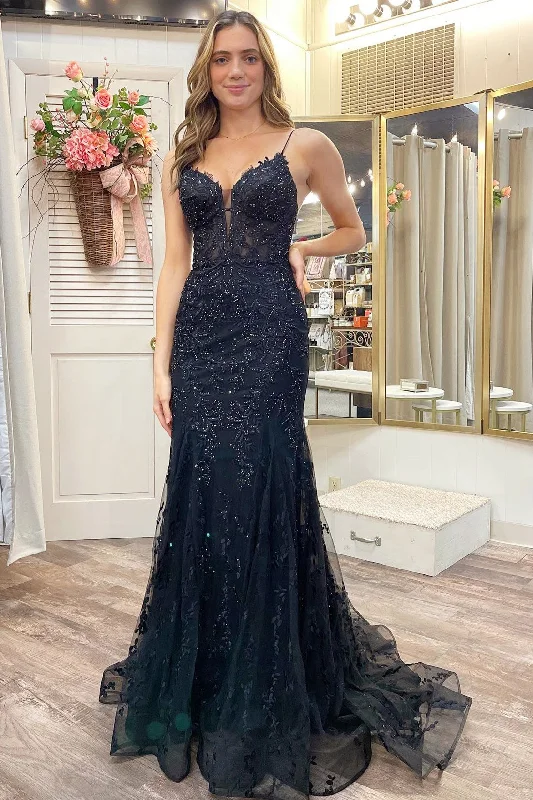 Stylish Women's Clothing Bold Patterns Black Appliques Plunge V Lace-Up Trumpet Prom Gown