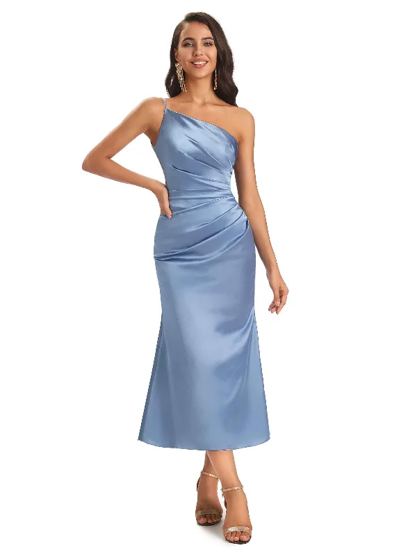 Women's Elegant Formal Outfit Boho - Chic Festival - Ready Style Sexy Soft Satin One Shoulder Tea-Length Midi Mermaid Bridesmaid Dresses