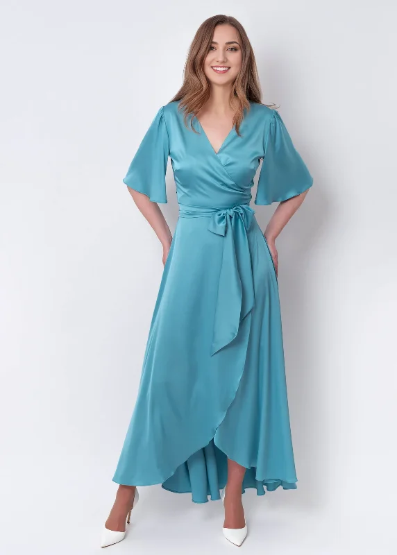 Women's Outerwear Garments Vibrant Prints Dusty Blue A-Line Silk Dress Wrap Dress Bridesmaid Dress Wedding Guest Dress