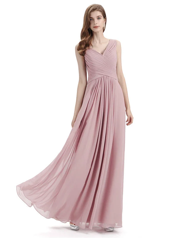 Women's Vacation Attire Big Savings on Rustic Countryside Styles Simple V-neck Chiffon Floor-Length Long Bridesmaid Dresses