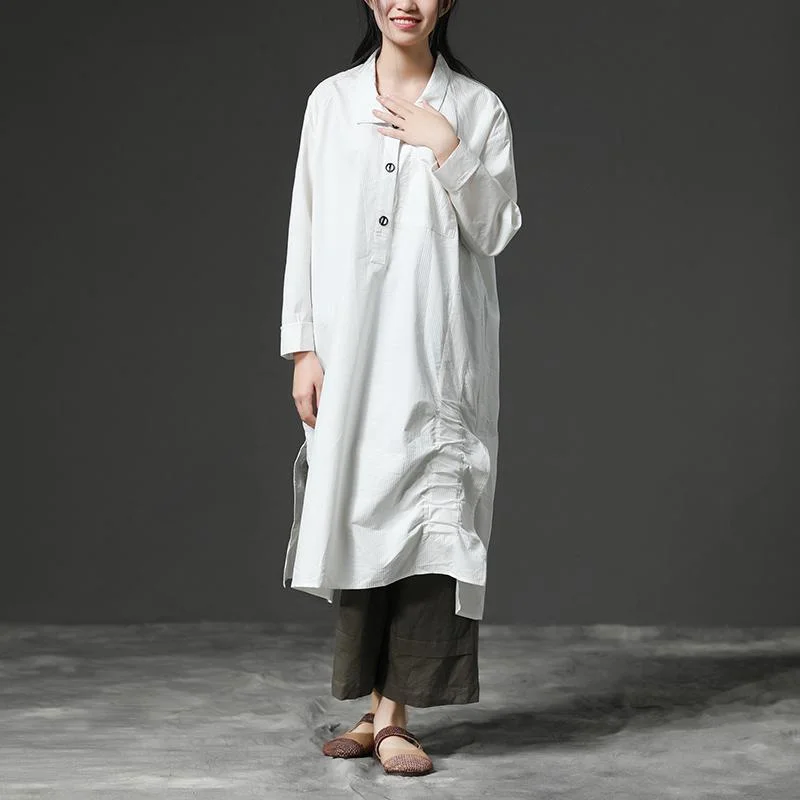 Women's Transitional Outfit Chic Urban Fashion Look Unique cotton clothes Drops Design White Long Sleeve Cotton Casual Shirt Dress