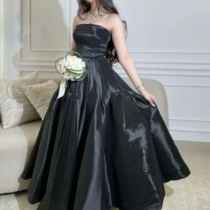 Women's Outerwear Attire Save on Classic Elegant Styles Modest Ball Gown Strapless Black Satin Long Prom Dresses With Ruffles Evening Dress C2908