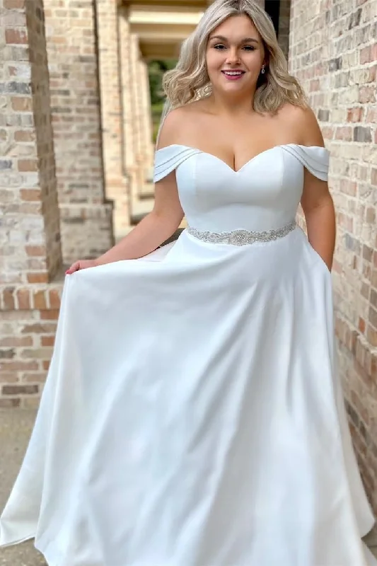 Stylish Women's Outfit Contemporary Elegance White Off-the-Shoulder A-Line Long Wedding Dress