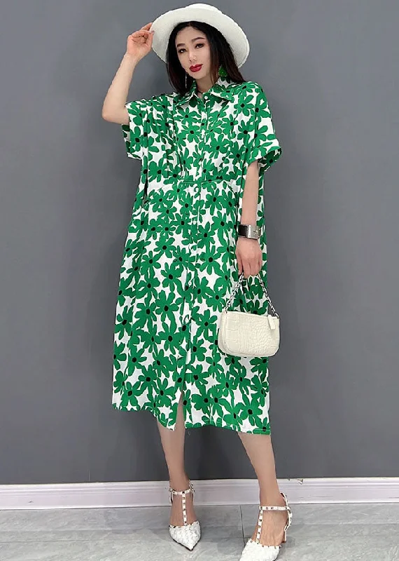 Women's Classic Attire Feminine Charm Beautiful Green Peter Pan Collar Print Shirt Dress Short Sleeve