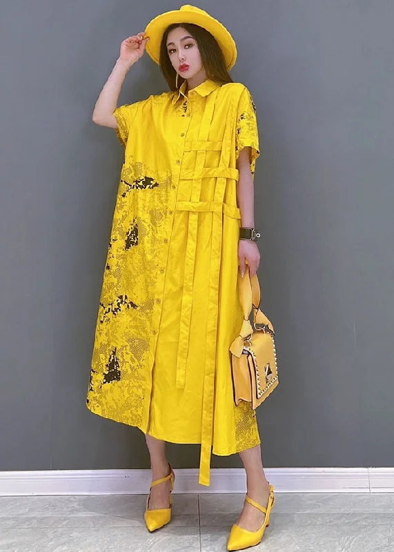 Casual Garments For Women Luxe Layering Yellow Print Cotton Loose Shirt Dress Asymmetrical Design Short Sleeve