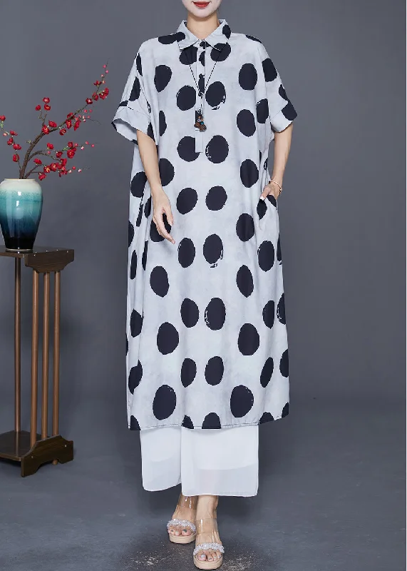 Sustainable Women's Clothes Ethnic Cultural Event Wear Style White Oversized Dot Print Silk Shirt Dress Summer