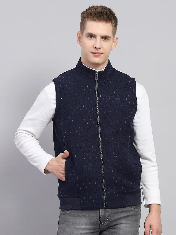 Women's Clothing For Special Occasions Limited - Stock Men Navy Blue Printed Mock Neck Sleeveless Jacket