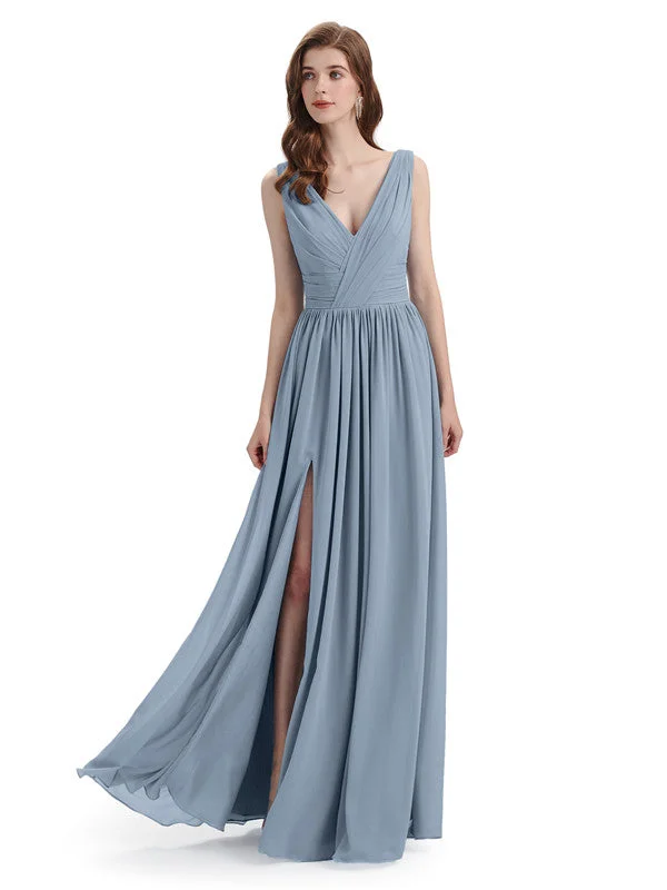 Women's Trendy Casual Outfit Hollywood Glam Award - Show Style A-Line V-Neck Sleeveless Split Side Chiffon Long Bridesmaid Dresses