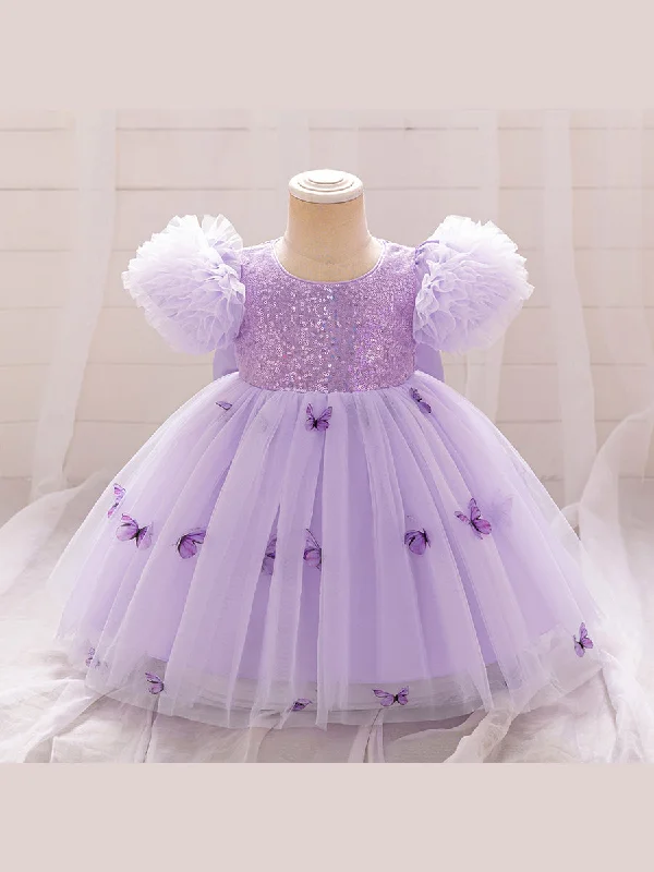 Women's Active Outfit For Fitness Romantic Detailing Ball Gown Scoop Puff Sleeves Flower Girl Dresses with Sequins