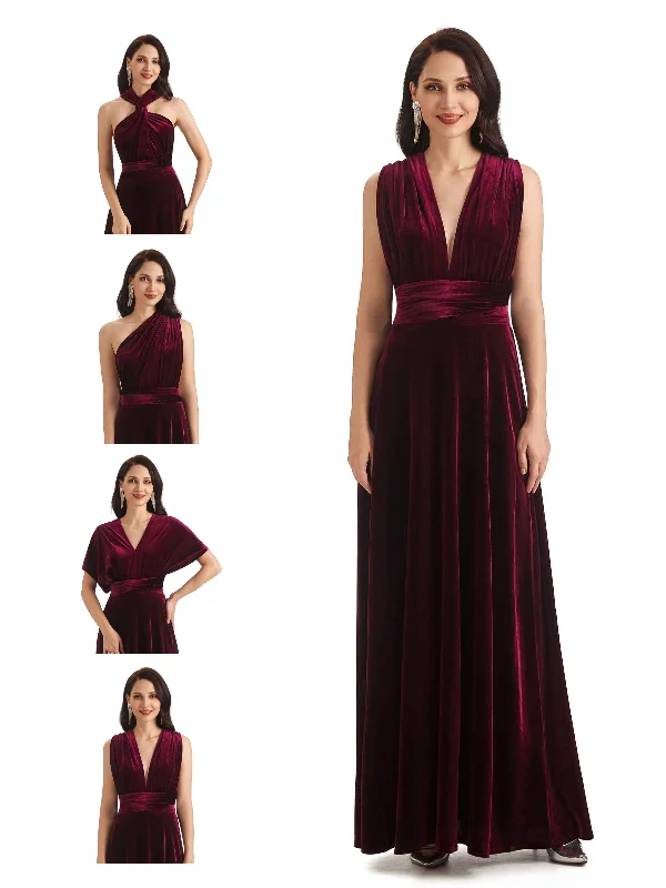 Women's Evening Wear Attire Clearance Event Convertible Sexy A-Line Velvet Long Bridesmaid Dresses Online