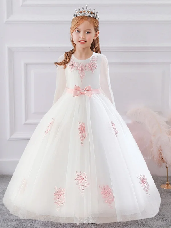 Women's Plus-Size Apparel Feminine Soft - Hued Look Ball Gown Scoop Long Sleeves Flower Girl Dresses with Beading